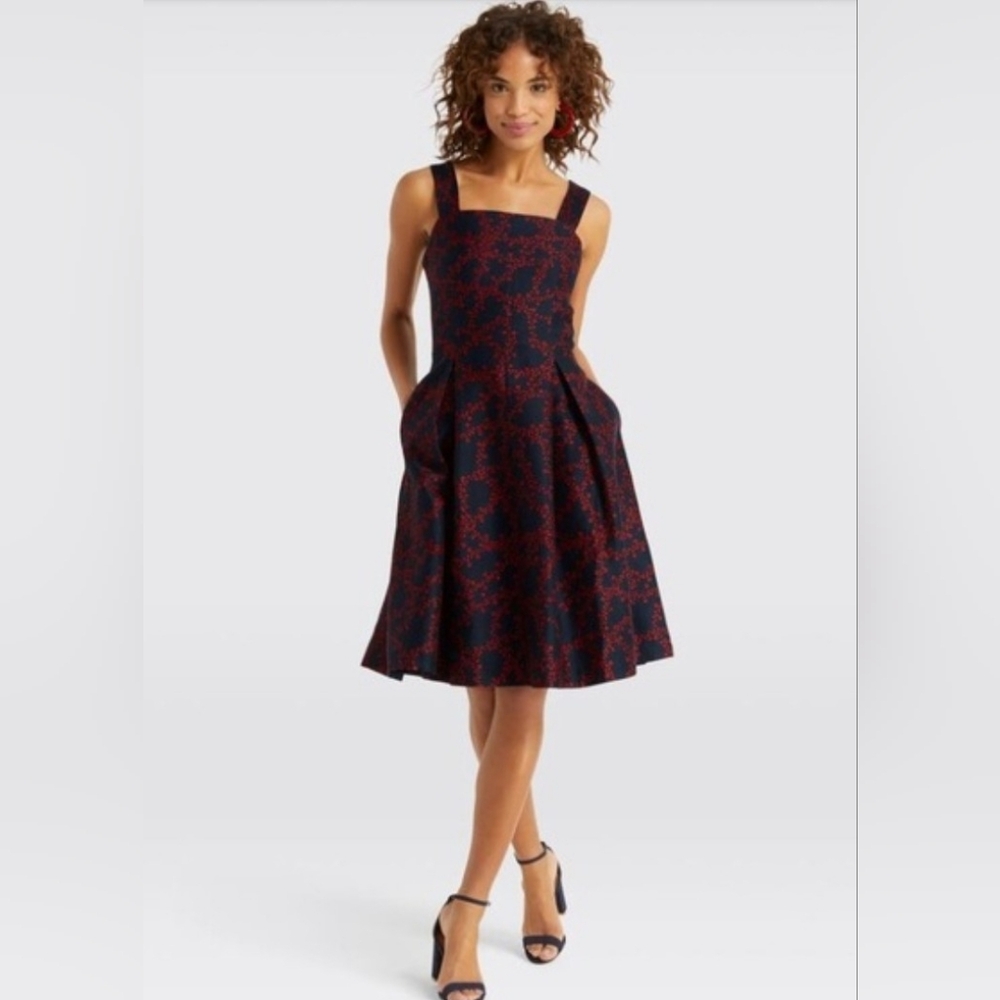 Draper James Cotton Silk Blend Navy Red Floral Tank Sleeveless Dress A line